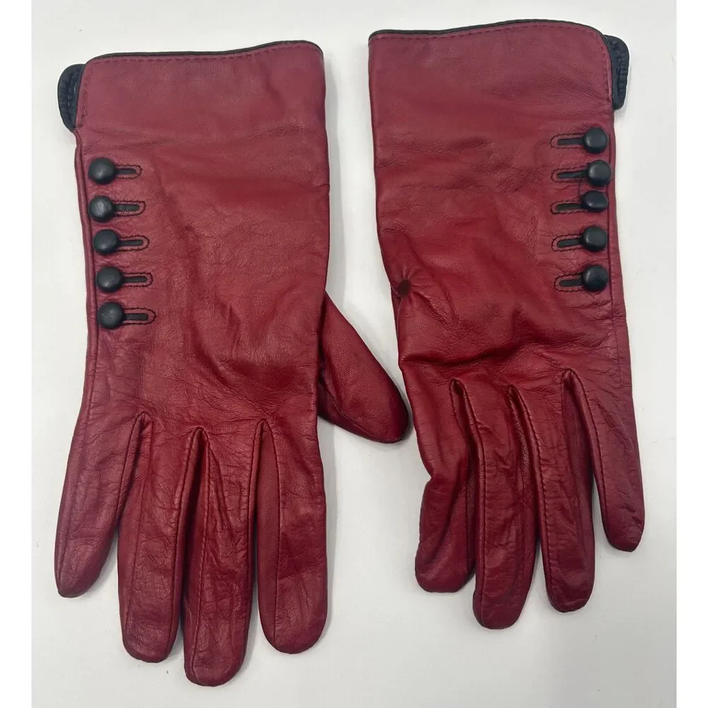 Vintage Steampunk Red Leather Cashemer Button Cuff Gauntlet Gloves Size L